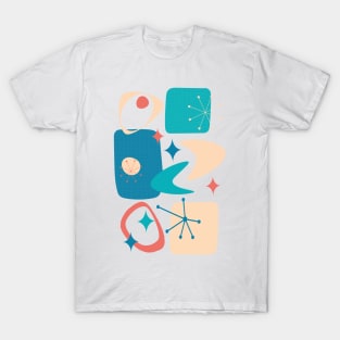 Mid Century Atomic Age Abstract 15 in Blue, Teal, Yellow, Peach and Dark Salmon T-Shirt